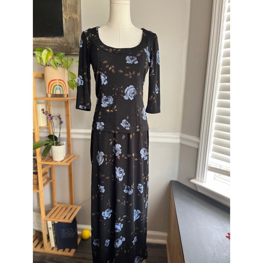 Vintage 90s Maxi Skirt Set Blue Rose Black Skirt and Blouse size Medium